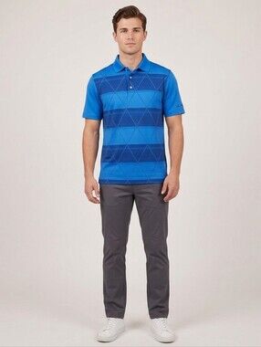 Ben Hogan Men's Royal Blue Striped Latice 3 Button Short Sleeve Polo Shirt Small